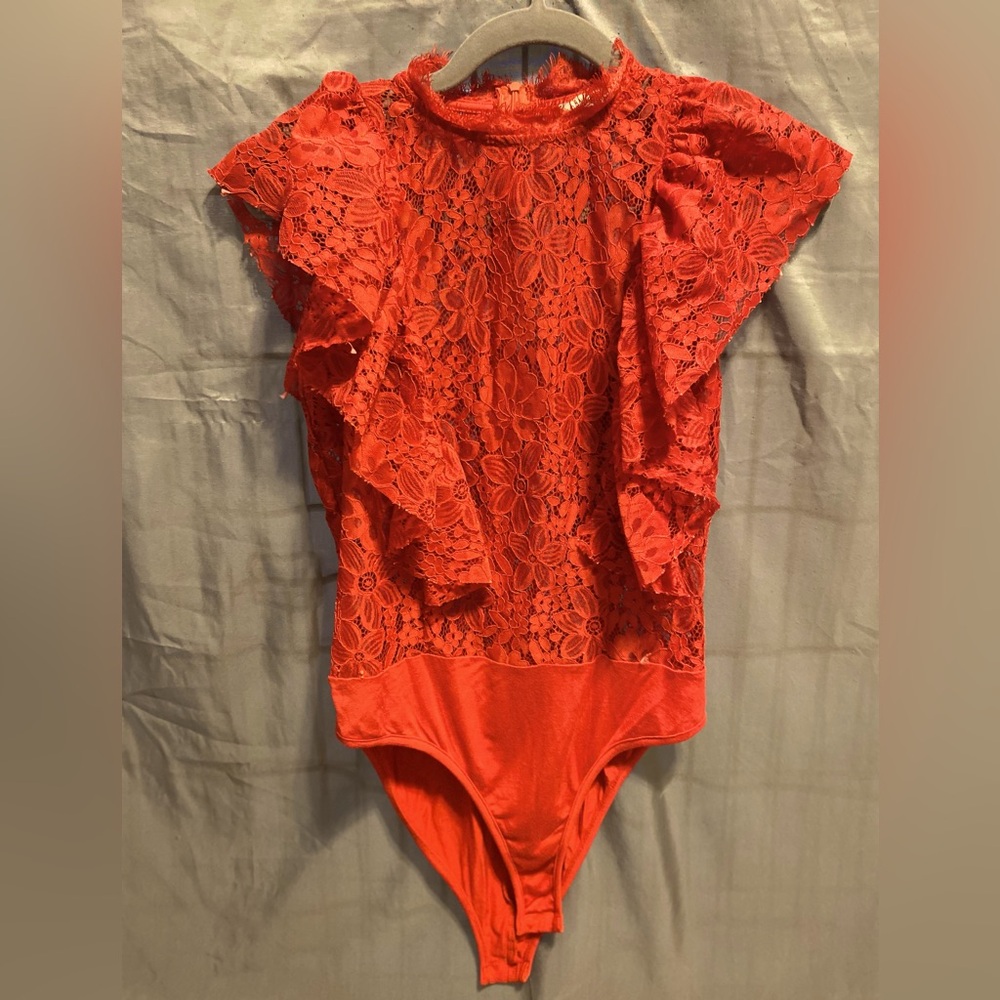 Red lace ruffled sleeveless bodysuit